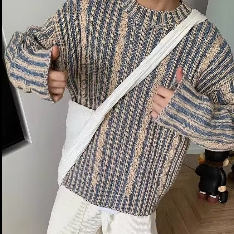 韩系秋冬穿搭cleanfit男生高级感毛衣秋复古撞色圆领休闲,男装针织衫/毛衣,星座218-1（原230）
