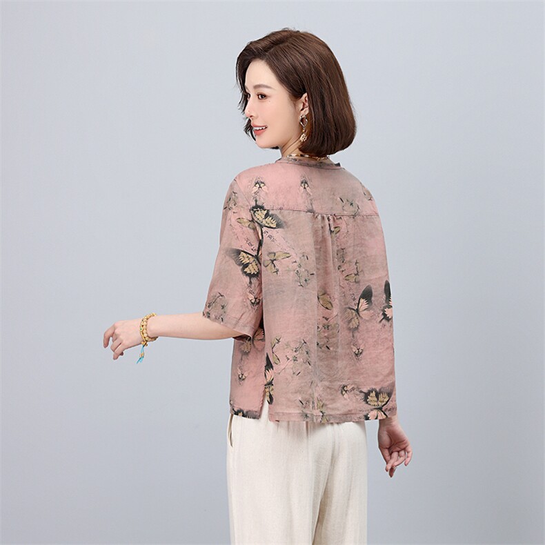 中式复古盘扣苎麻印花衬衫女2025夏季新款高端麻料花色上衣小衫,女装衬衫,凝聚力