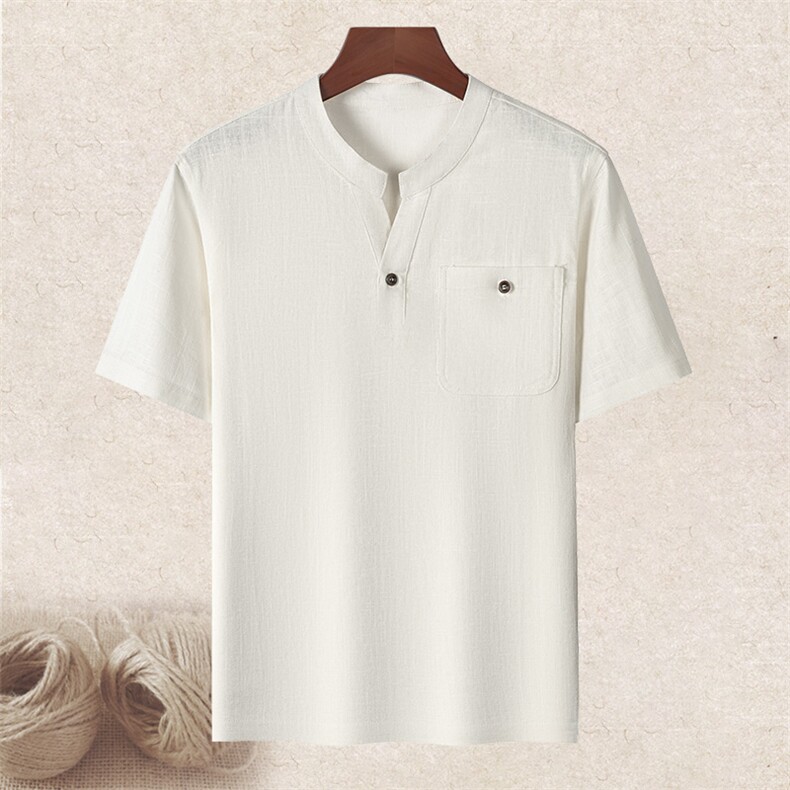 长年现货男高品质风唐装中老年亚麻短袖上衣中年棉麻T恤，男装T恤，钱塘723