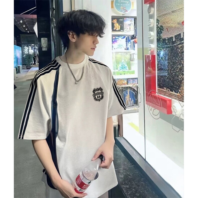 抖音得物品质二开240克宽松纯棉美式潮牌印花三条杠中性风短袖T恤,男装T恤,电商A486-1