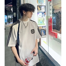 抖音得物品质二开240克宽松纯棉美式潮牌印花三条杠中性风短袖T恤，男装T恤，电商A486-1