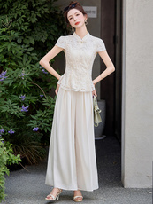 新中式国风蕾丝提花上衣阔腿裤两件套女2025夏季新款复古重工大气，女装套装/套裙，韩宇舍