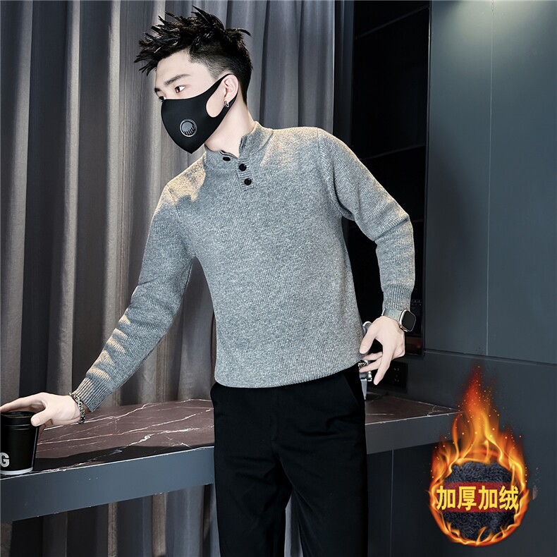 加绒一体绒毛衣男纽扣针织衫社会小伙店主风301C-M119-P78控108图片