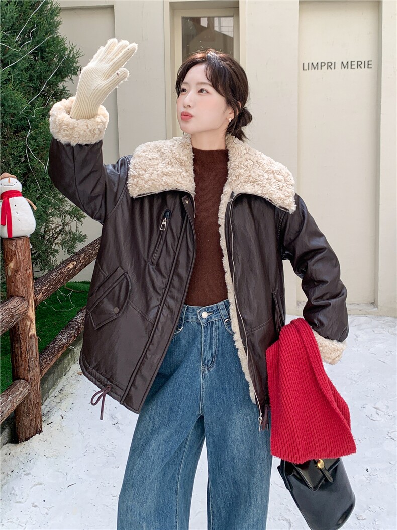 咖色羊羔毛翻领羽绒内胆皮衣外套女2025冬季新款时髦洋气保暖上衣,女装皮衣,艾米莉亚