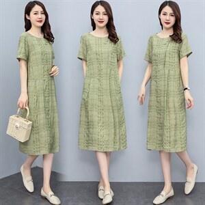 现货2024夏季新款简约气质圆领宽松舒适休闲连衣裙,女装连衣裙,妃曼