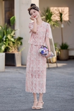 浅黄色蕾丝小香风上衣半身裙两件套女2025夏季名媛刺绣连衣裙套装，女装套装/套裙，雅静靓衣