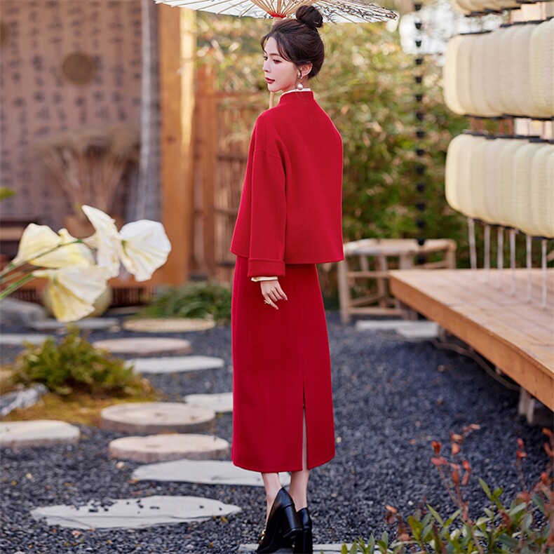 芷墨新款春装时尚新中式双面呢外套上衣半身裙两件套装裙,女装套装/套裙,芷墨服饰