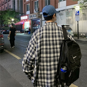 港风复古工装格子衬衫男秋冬季长袖潮宽松百搭衬衣休闲 H216/P45图片