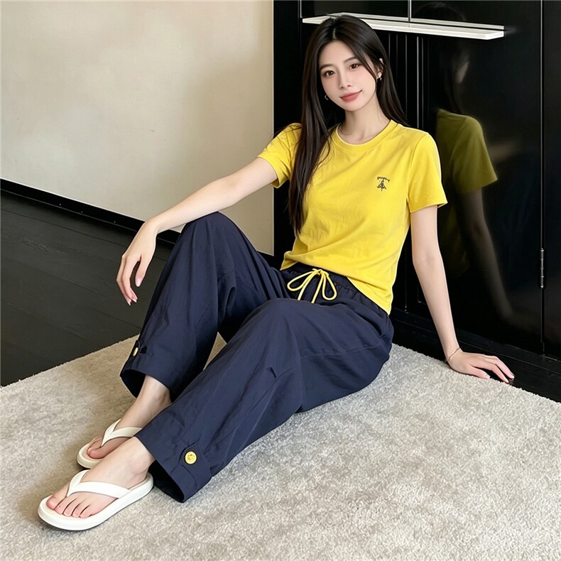 女夏季新款韩版时尚休闲套装修身圆领黄色短袖上衣阔腿长裤两件套,女装套装/套裙,江南