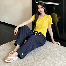 女夏季新款韩版时尚休闲套装修身圆领黄色短袖上衣阔腿长裤两件套，女装套装/套裙，江南