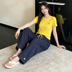 女夏季新款韩版时尚休闲套装修身圆领黄色短袖上衣阔腿长裤两件套图片
