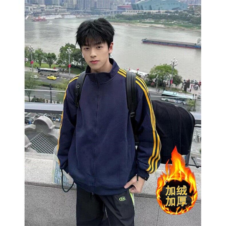 复古加绒加厚条纹卫衣男款立领外套潮牌痞帅开衫夹克 JK203图片