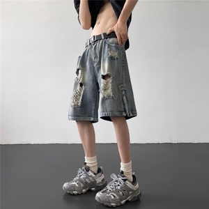 水洗做旧破洞牛仔短裤男夏季小众设计感拉链裤子 DM616 P40图片