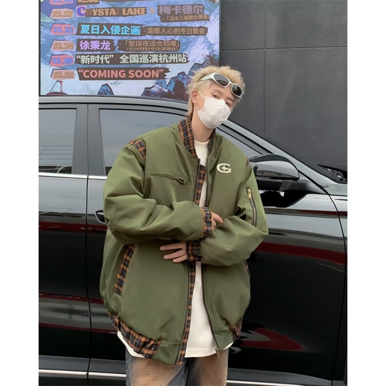秋冬美式复古格子拼接飞行服夹克宽松棉服外套男女潮JK8234,男装夹克,星座1116A-1（原606A）