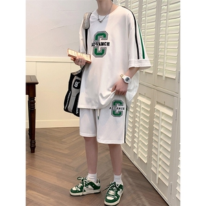 夏装学生潮简约运动半袖套装2023印花短裤T恤男女6632-P60控价88