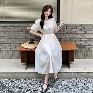 法式白色甜美减龄泡泡袖连衣裙女2025夏季新款超好看绝美超仙长裙图片
