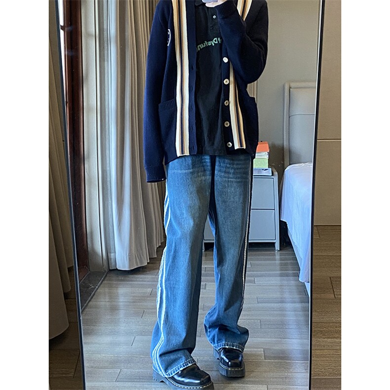 B221美式ins高街小众宽松三条杠运动牛仔裤LK23130-P60控78,男装牛仔裤,电商B221