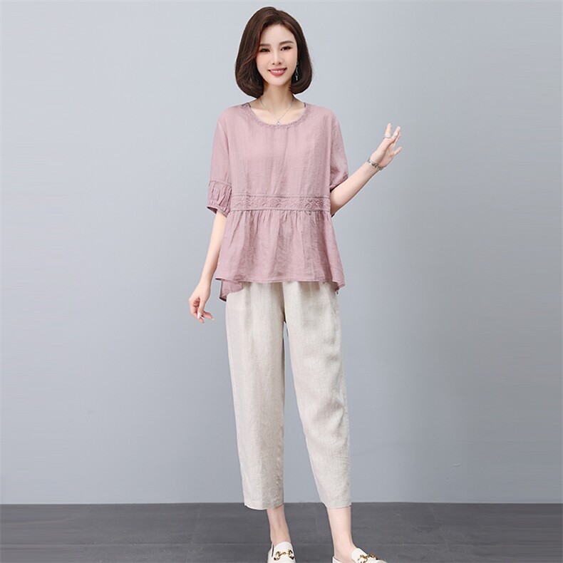 苎麻女2023年夏季新款时尚宽松中年妈妈大码棉麻九分裤,女装衬衫,独衣靓