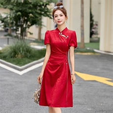 新中式国风连衣裙女2025夏季新款小个子修身显瘦改良红色旗袍裙子，女装连衣裙，依如秀(原杭风阁)