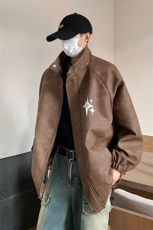 港风PU皮复古做旧可拆卸四芒星胸针设计夹克男JK77757P90控128，男装夹克，星座227-7
