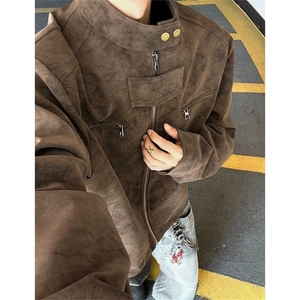 扎染正肩皮衣外套男款春秋立领哈灵顿夹克美式复古棒球服 J762图片