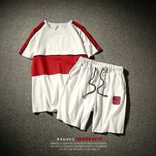 703-TZ127-P45夏季圆领拼色全棉套头T恤套装短袖+短裤DJ784黑，男装T恤，星座703