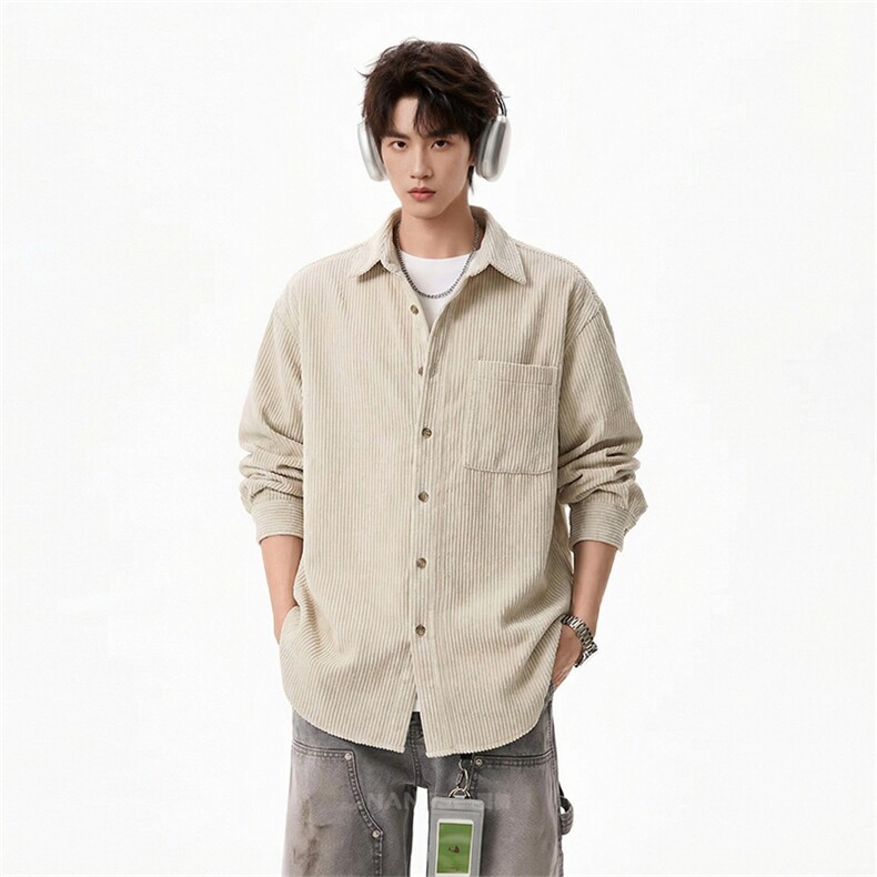 春季灯芯绒长袖衬衫纯色条纹男青少年复古工装上衣D06-TP31不,男装衬衫,电商A102