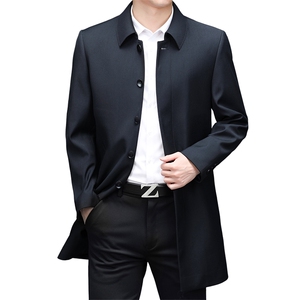 2023秋冬新款男装加绒长款翻领纯色风衣中年男士商务休闲上衣服图片