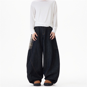 1014-1-KZ1027-P55-美式格子牛仔裤男春秋季高街灯笼裤图片