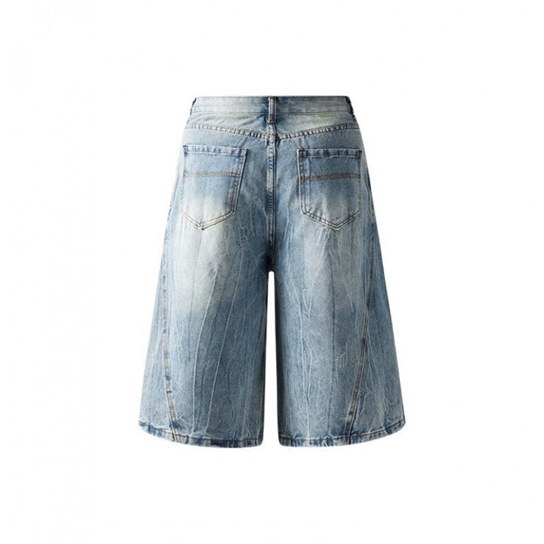 美式水洗磨破牛仔短裤街头阔腿显瘦过膝男女潮解构七分裤DK62,男装牛仔裤,星座601-1