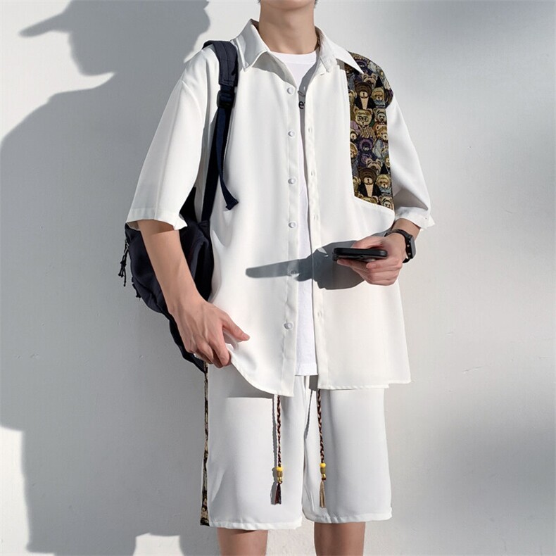 1小熊短袖衬衫男+短裤大码M-5XL套装92%聚酯纤维8%氨纶TZ77059P70，男装休闲套装，星座226-2