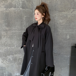 黑色蝴蝶结系带风衣外套女2025春秋季新款韩系学院风减龄流行大衣图片
