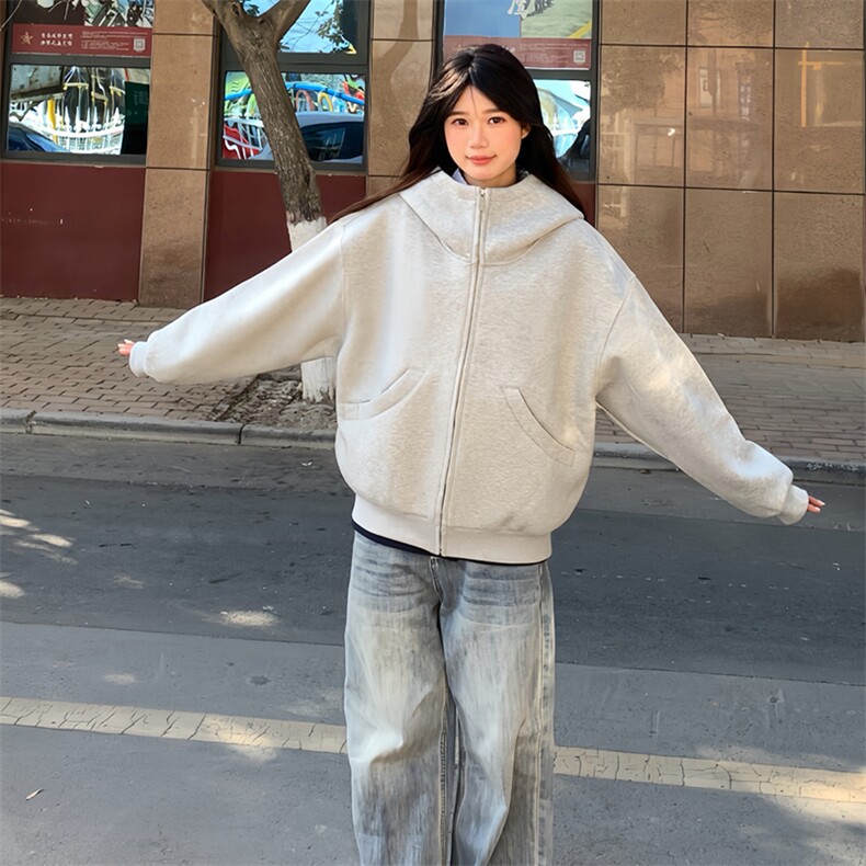 抖音得物高品质26春装美式高街重磅宽松结构高领连帽卫衣外套W60,女装短外套,电商A486