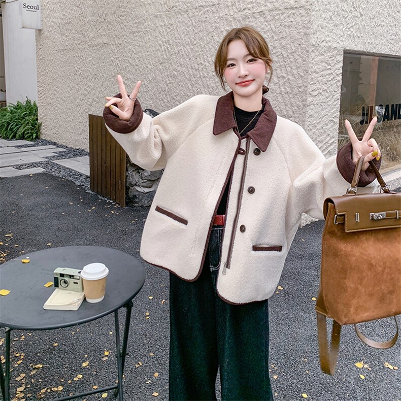 小个子皮毛一体外套女2024冬羊羔毛撞色翻领拼接洋气加厚短款棉服,女装羊羔毛/颗粒绒,浙宝192（原082）