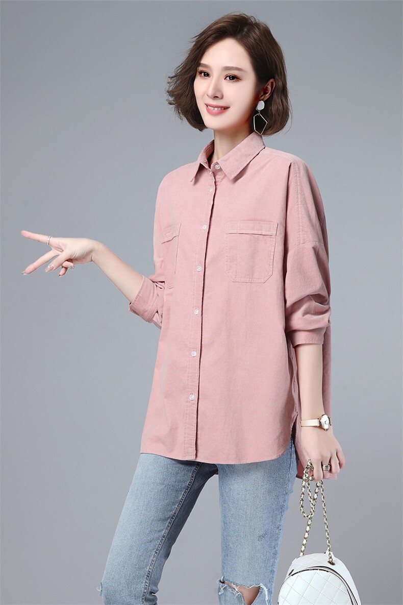 长期大货现货，女子2021新款灯芯绒细条衬衫女图片