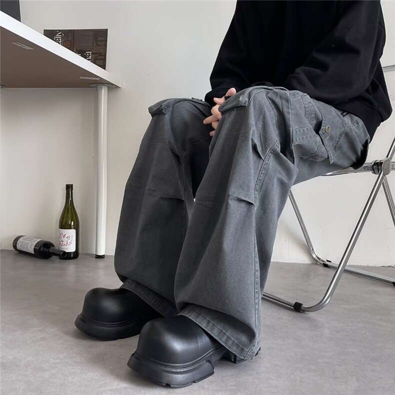 美式复古褶皱降落伞兵工装裤直筒宽松阔腿显瘦慵懒微喇裤K111-P62，男装工装外套，星座1109-3
