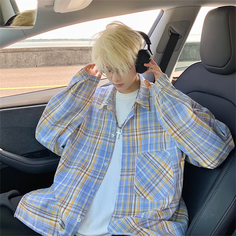 衬衫男秋季新款港风宽松大码磨毛格子长袖衬衣CS606-特P28，男装衬衫，星座214-3