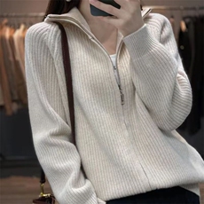 轻奢新款加厚女纯山拉链POLO开衫时尚减龄气质羊毛外套打底衫，女装羊毛衫，胜酷羊绒