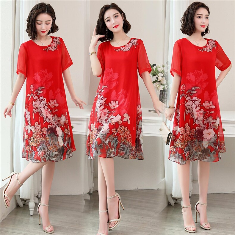 妈妈碎花连衣裙印花裙子宽松大码减龄遮肉裙子中老年夏装沙滩裙，女装连衣裙，缘衣格