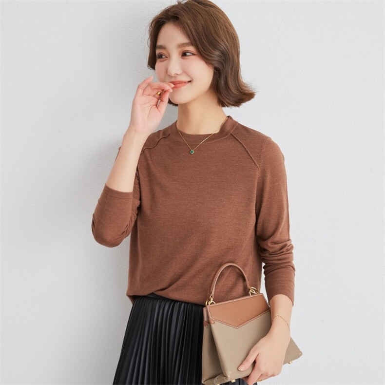 女士秋冬肩部八字线条圆领长袖羊毛衫羊毛，女装羊毛衫，润匹羊绒