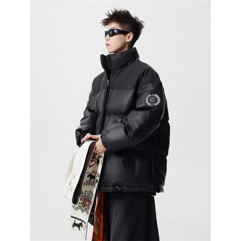 冬季美式PU皮羽绒服男士加厚情侣韩版ins潮流立领面包服宽松外套,男装羽绒服,星座715-4