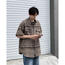 夏款男短袖衬衫波西米亚风格提花宽松提花图案衬衣CS1300P40，男装衬衫，星座1013-1