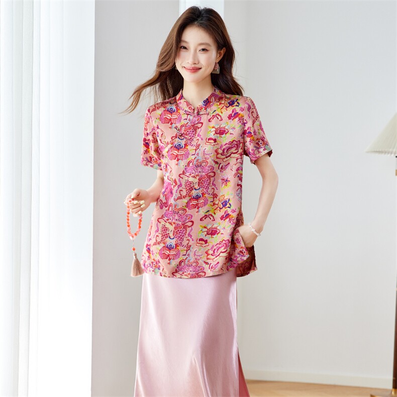 杭州真丝香云纱新中式女短袖上衣复古桑蚕丝醋酸半身裙,女装衬衫,新依时派