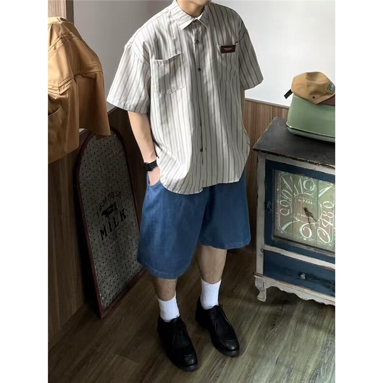 598-P29日系简约条纹贴标短袖衬衫女2025夏季新款休闲,男装T恤,电商B323A