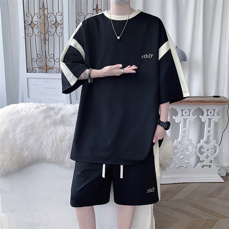 大码短袖T恤套装男潮流盐系休闲运动五分裤两件套XZ80027-P70,男装休闲套装,电商A042