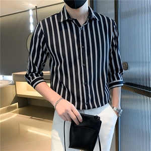 条纹七分袖衬衣新品轻熟风男装韩版修身高级感衬衫男士 C156-8-9图片