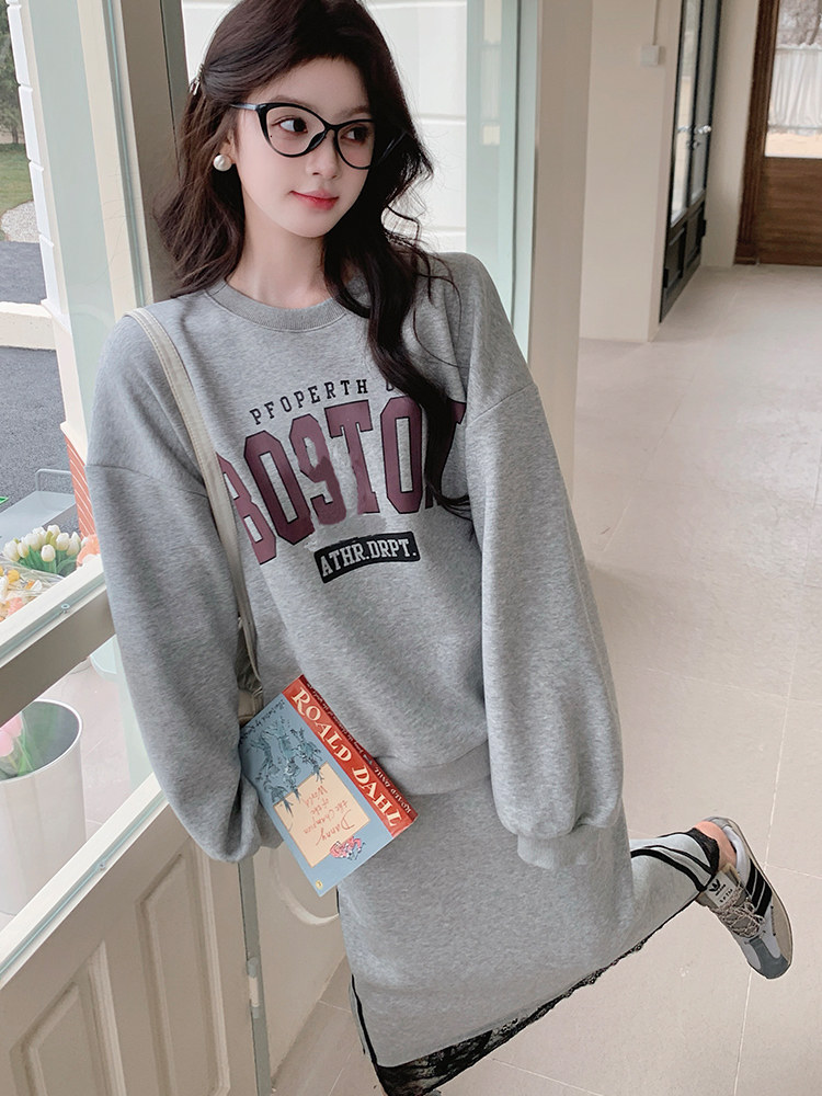 慵懒风灰色卫衣套装裙女2025春季新款设计感蕾丝拼接半身裙两件套,女装套装/套裙,浙宝103（原192）