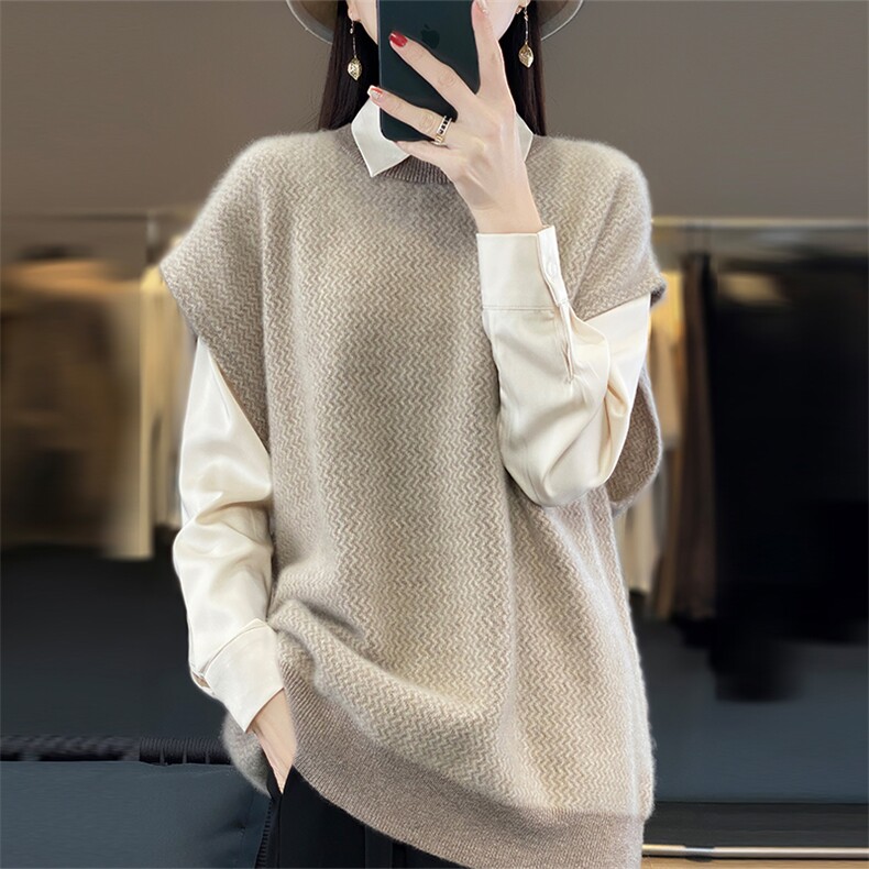 2024秋季新款圆领花纹廓版无袖马甲休闲百搭,女装马甲,美雪羊绒