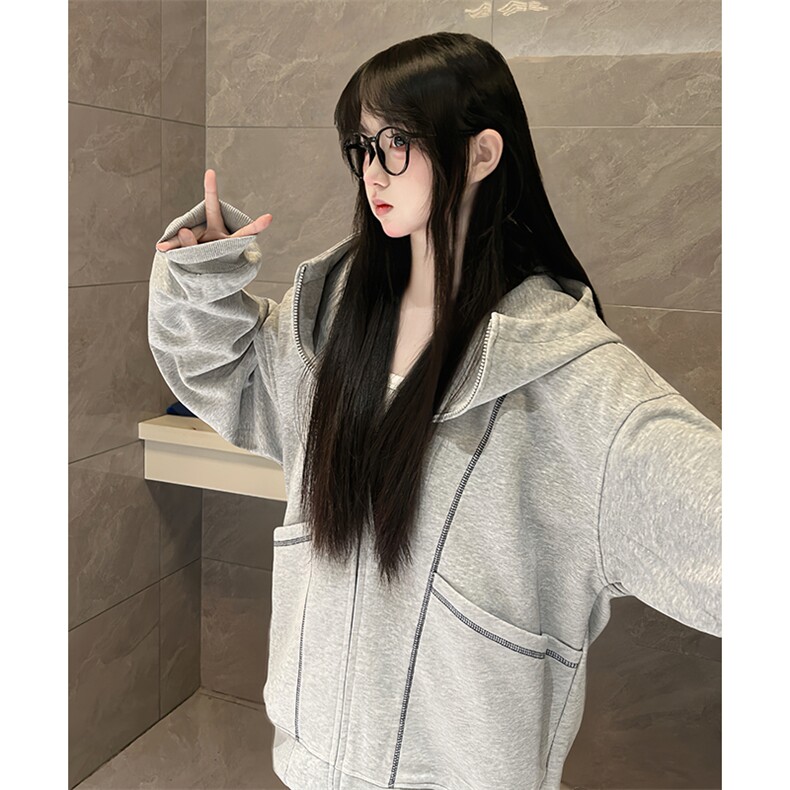 抖音得物高品质秋冬美式高街重磅结构辑明线纹理连帽卫衣外套W111图片