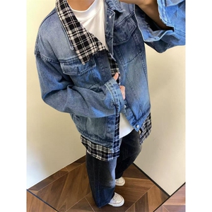 【有货】假两件牛仔外套男春秋格子衬衫拼接工装夹克JK8624HH-P85图片